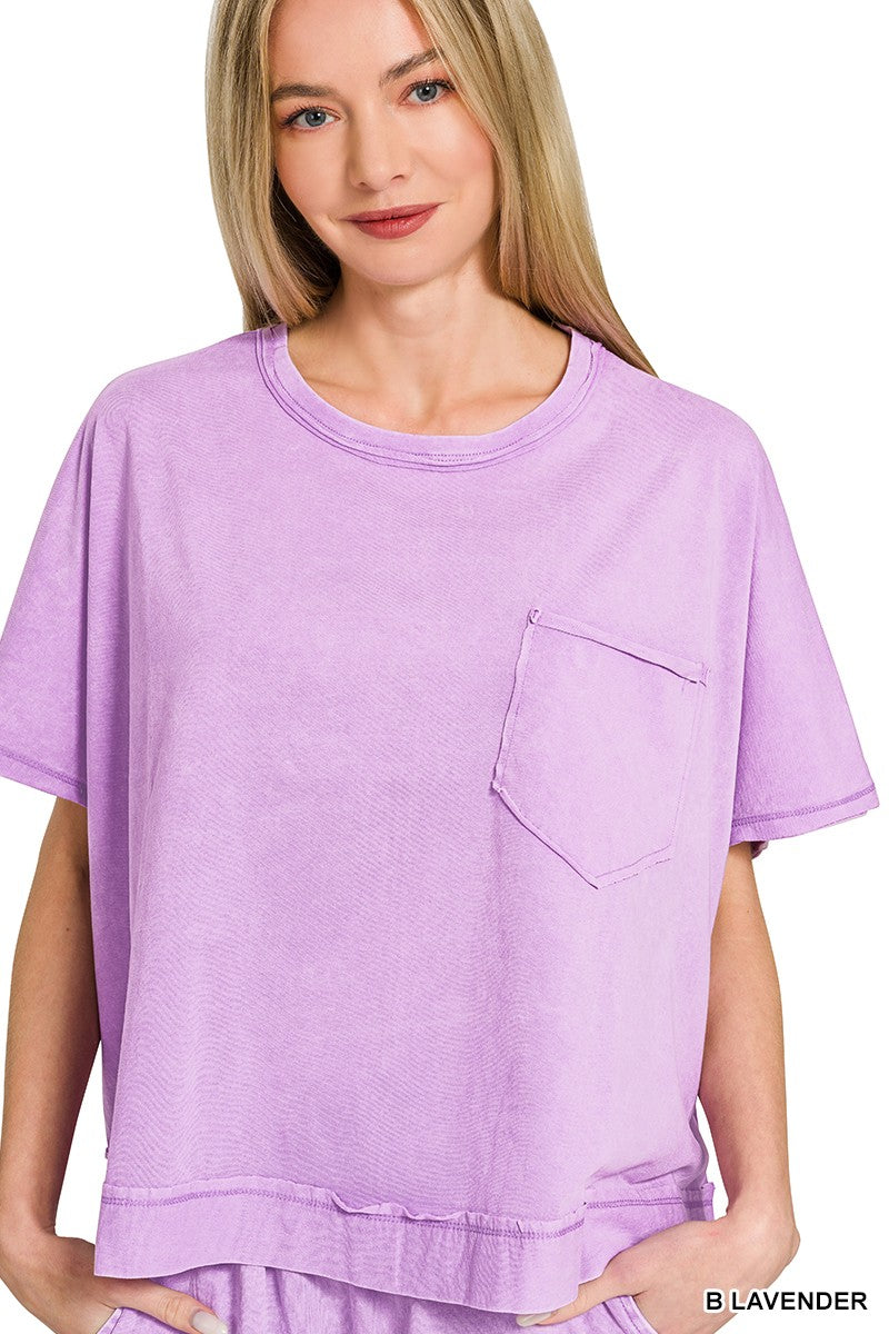 Lavender acid washed oversized top and shorts set by Zenana, casual loungewear with relaxed fit and comfortable fabric.