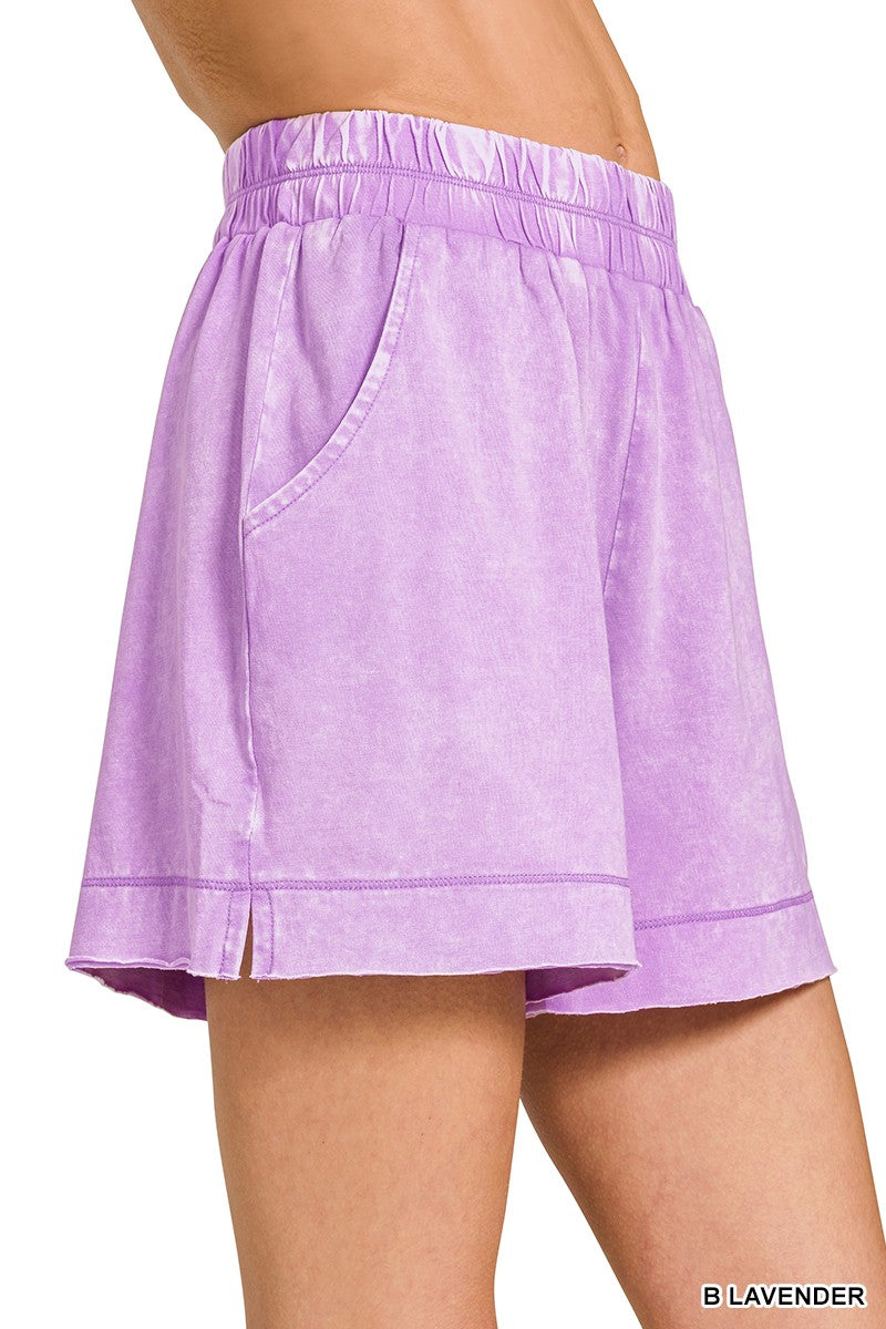 Lavender acid-washed oversized top and shorts set by Zenana, casual loungewear with relaxed fit and soft fabric.
