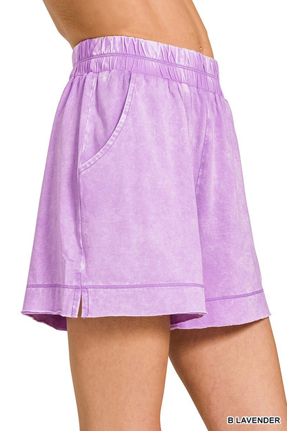 Lavender acid-washed oversized top and shorts set by Zenana, casual loungewear with relaxed fit and soft fabric.