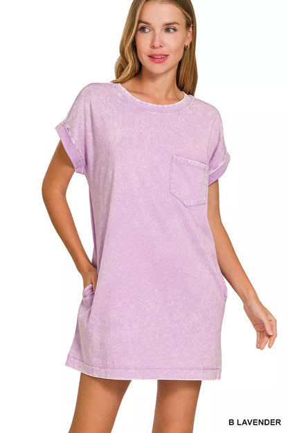 Lavender Zenana Premium Cotton Washed T-Shirt Dress by Trendsi, showcasing a casual, soft cotton dress with a relaxed fit and short sleeves.