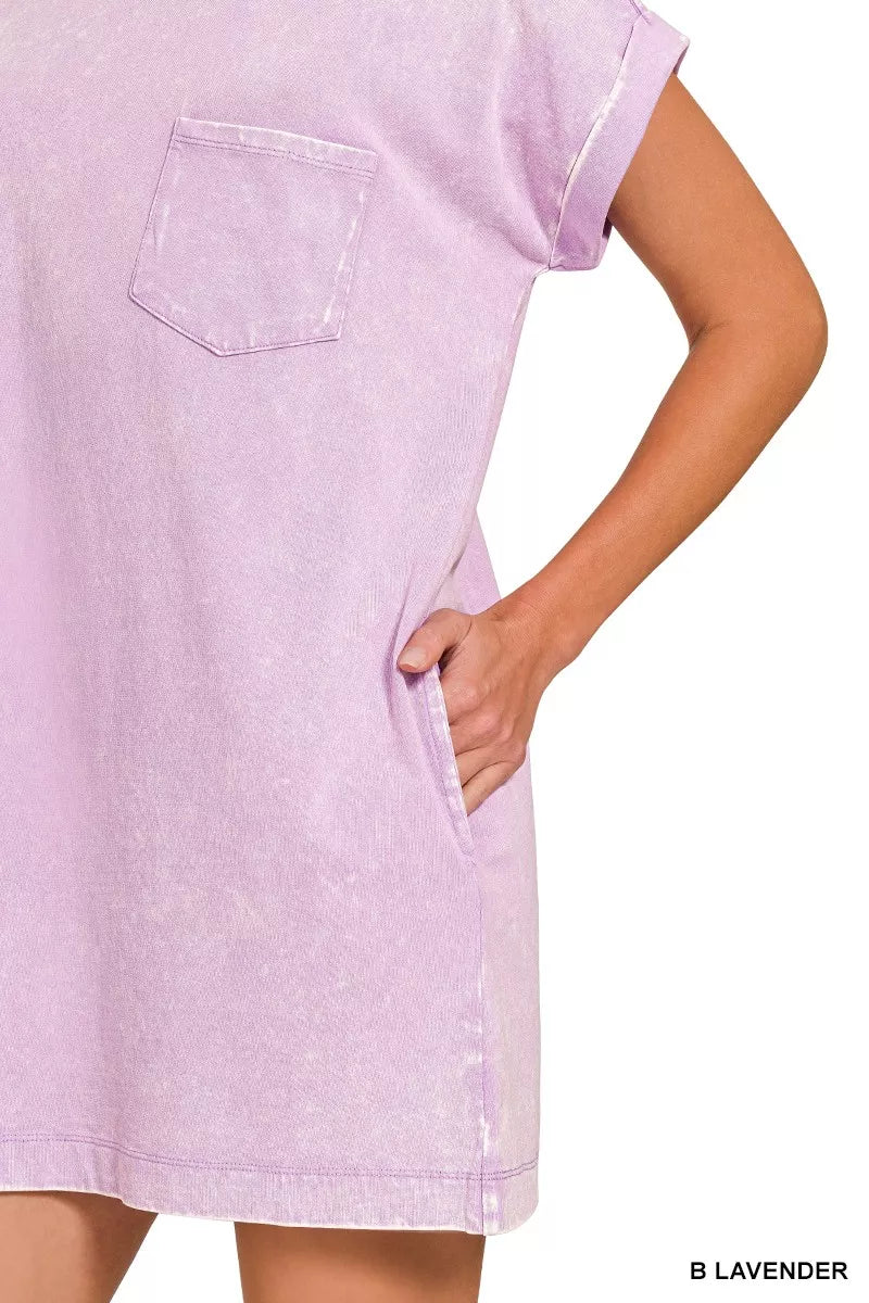 Lavender Zenana Premium Cotton Washed T-Shirt Dress by Trendsi, soft fabric, relaxed fit, short sleeves, casual style, front view.