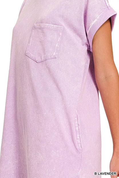 Lavender Zenana Premium Cotton Washed T-Shirt Dress by Trendsi, casual relaxed fit with short sleeves and soft fabric.