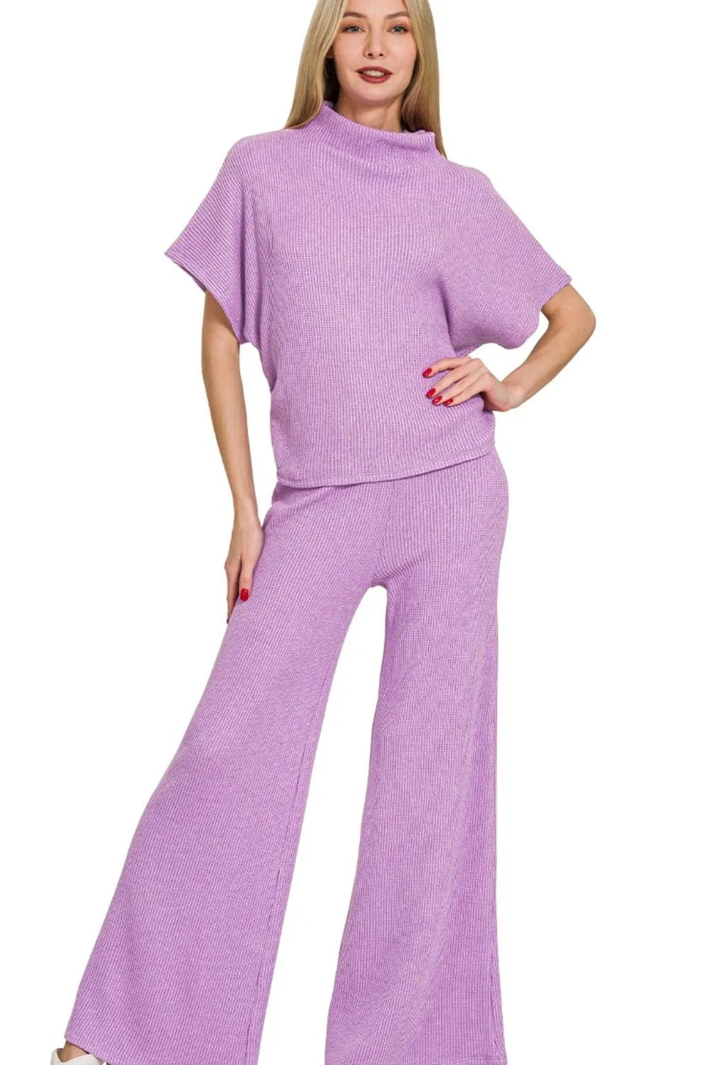 Lavender Zenana sweater mock neck top and matching long pants set by Trendsi, cozy and stylish for casual wear.