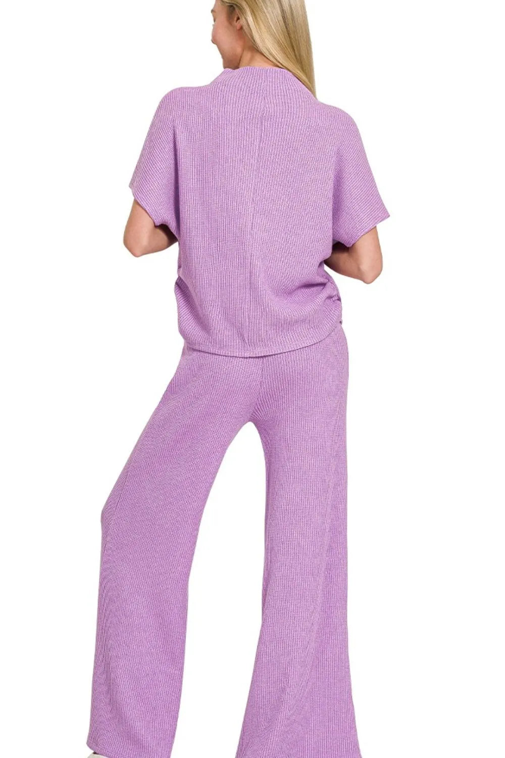 Lavender Zenana sweater mock neck top with matching long pants set by Trendsi, featuring a cozy, stylish knit design.