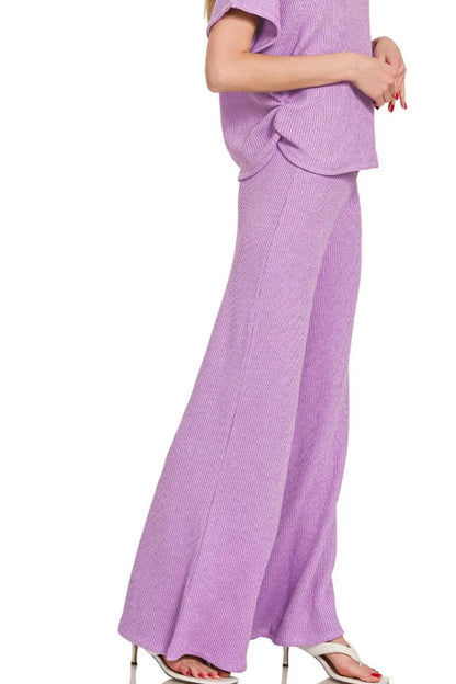 Lavender Zenana sweater mock neck top and matching long pants set by Trendsi, casual loungewear with cozy knit fabric.