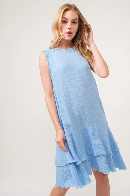Baby blue washed fringe detail tiered dress by Trendsi, featuring flowing fabric and layered design for a stylish, casual look.