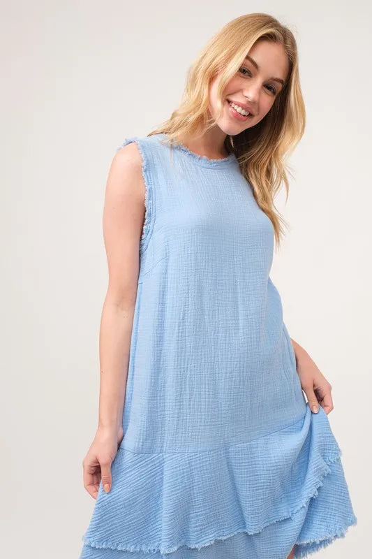 Baby blue tiered dress from Trendsi with washed fringe details and layered design, perfect for casual or summer wear.