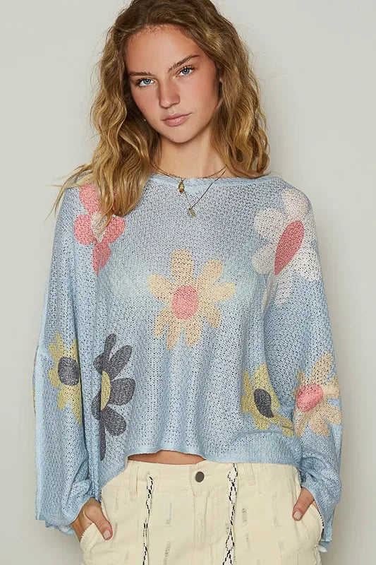 Baby blue POL Flower dropped shoulder long sleeve knit top by Trendsi, featuring floral pattern and relaxed fit.