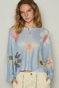 Baby blue POL Flower dropped shoulder long sleeve knit top by Trendsi, featuring floral pattern and relaxed fit.