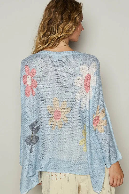 Baby blue POL flower dropped shoulder long sleeve knit top from Trendsi, featuring a relaxed fit and floral detailing.
