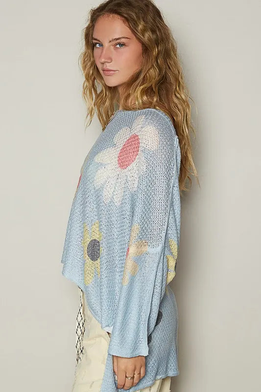 Baby blue POL flower dropped shoulder long sleeve knit top by Trendsi, featuring a relaxed fit and floral design.