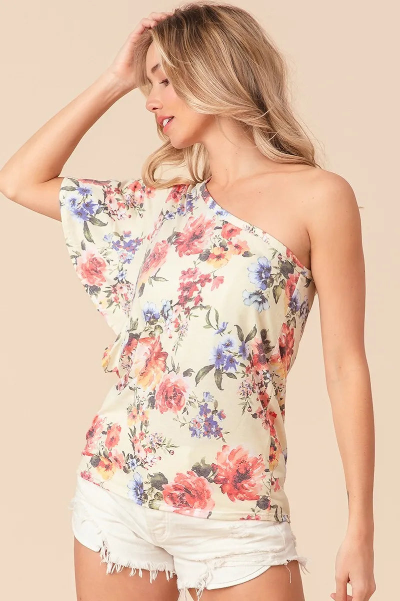 Floral printed jersey knit ruffle sleeve top by Trendsi featuring a relaxed fit and vibrant floral pattern.