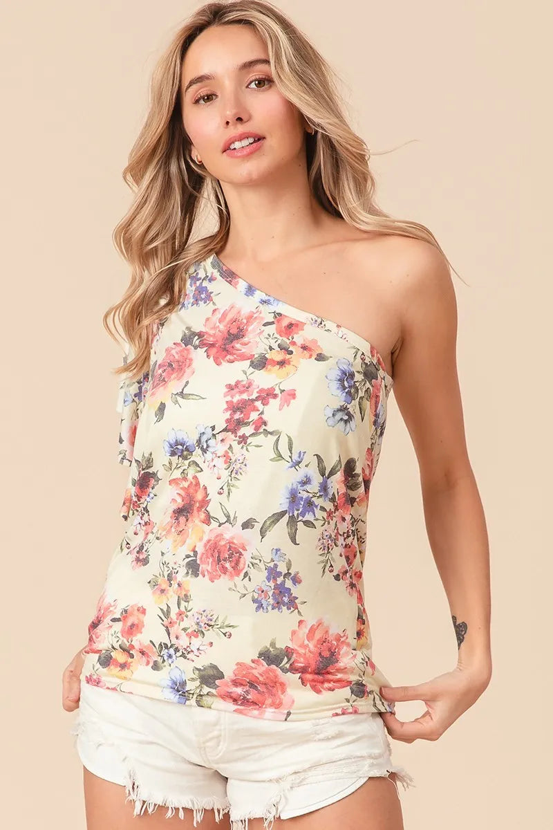 Trendsi BiBi floral printed jersey knit ruffle sleeve top with colorful floral pattern and lightweight fabric.