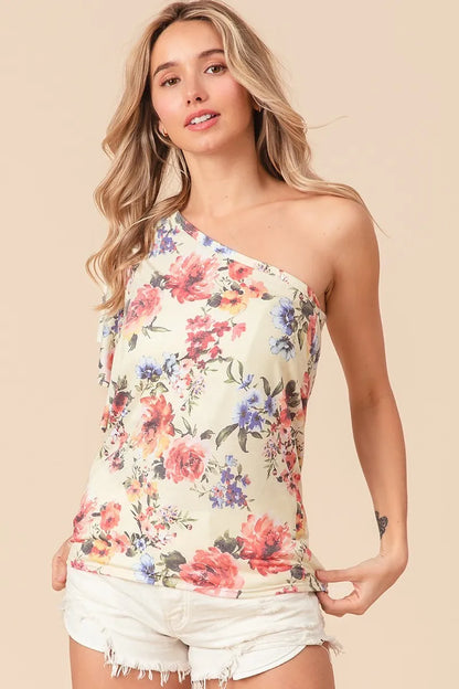 Trendsi BiBi floral printed jersey knit ruffle sleeve top with colorful floral pattern and lightweight fabric.