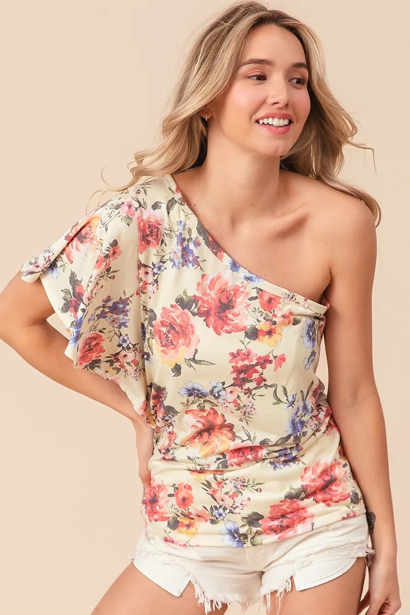 Trendsi BiBi floral printed jersey knit ruffle sleeve top, showcasing vibrant floral pattern and stylish ruffle sleeve design.