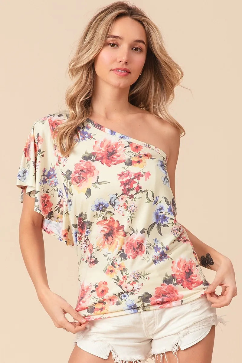 Floral printed jersey knit ruffle sleeve top by Trendsi featuring a feminine design and soft fabric.