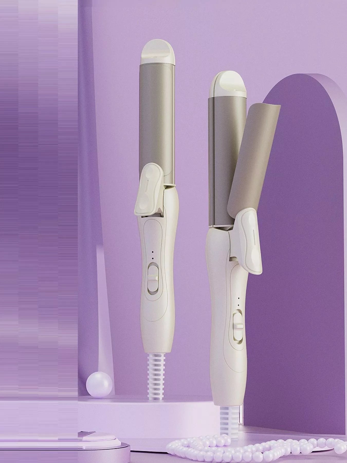Beige 2-in-1 rotating hair curling iron by Trendsi with European plug, showcasing its curling barrel and rotating handle.