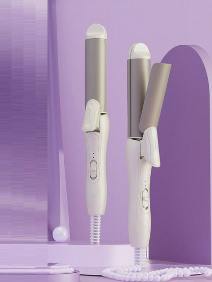 Beige 2-in-1 rotating hair curling iron by Trendsi with European plug, showcasing its curling barrel and rotating handle.