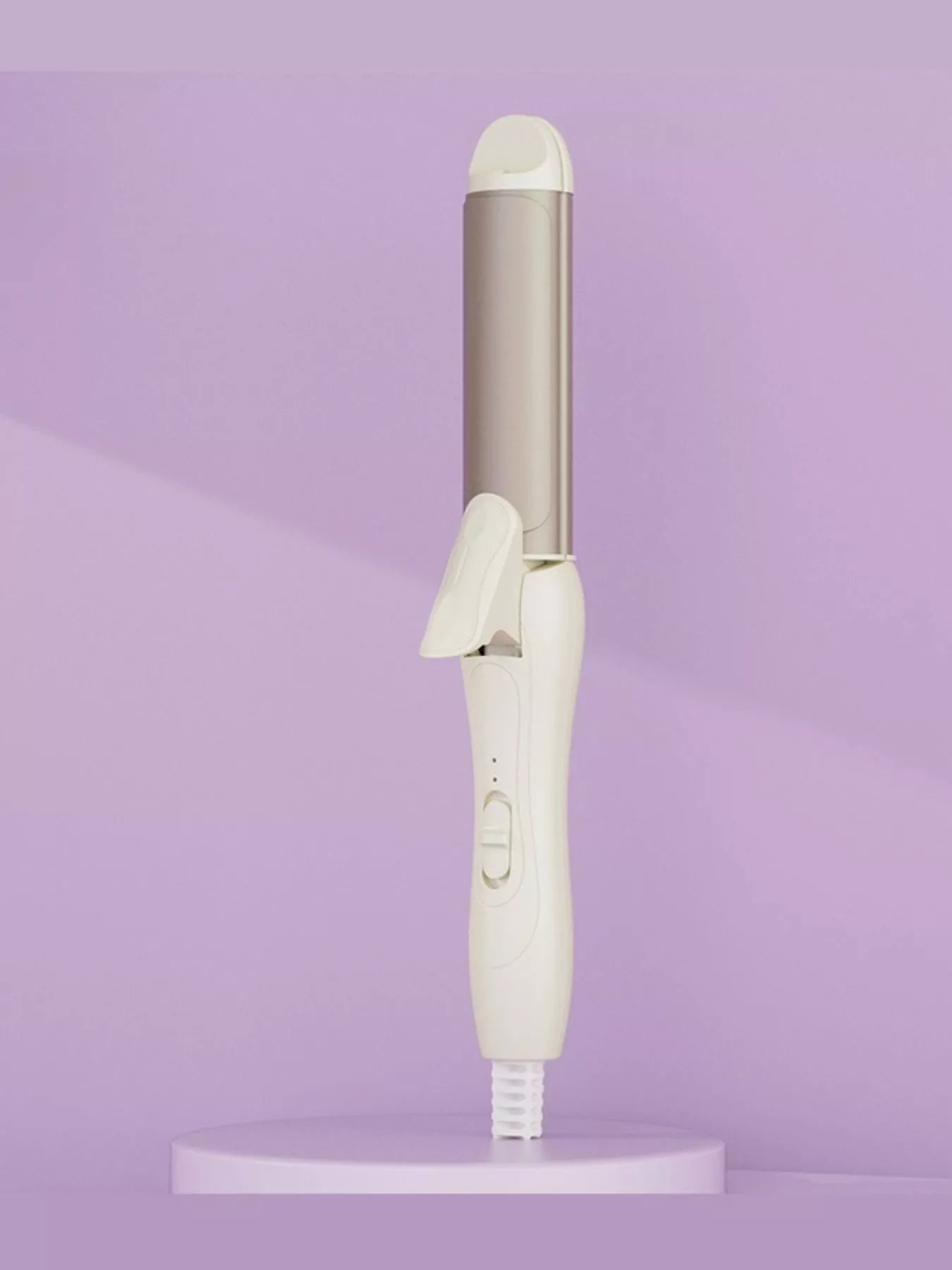 Beige 2-in-1 rotating hair curling iron with European plug by Trendsi, featuring a handle and curling barrel for versatile styling.