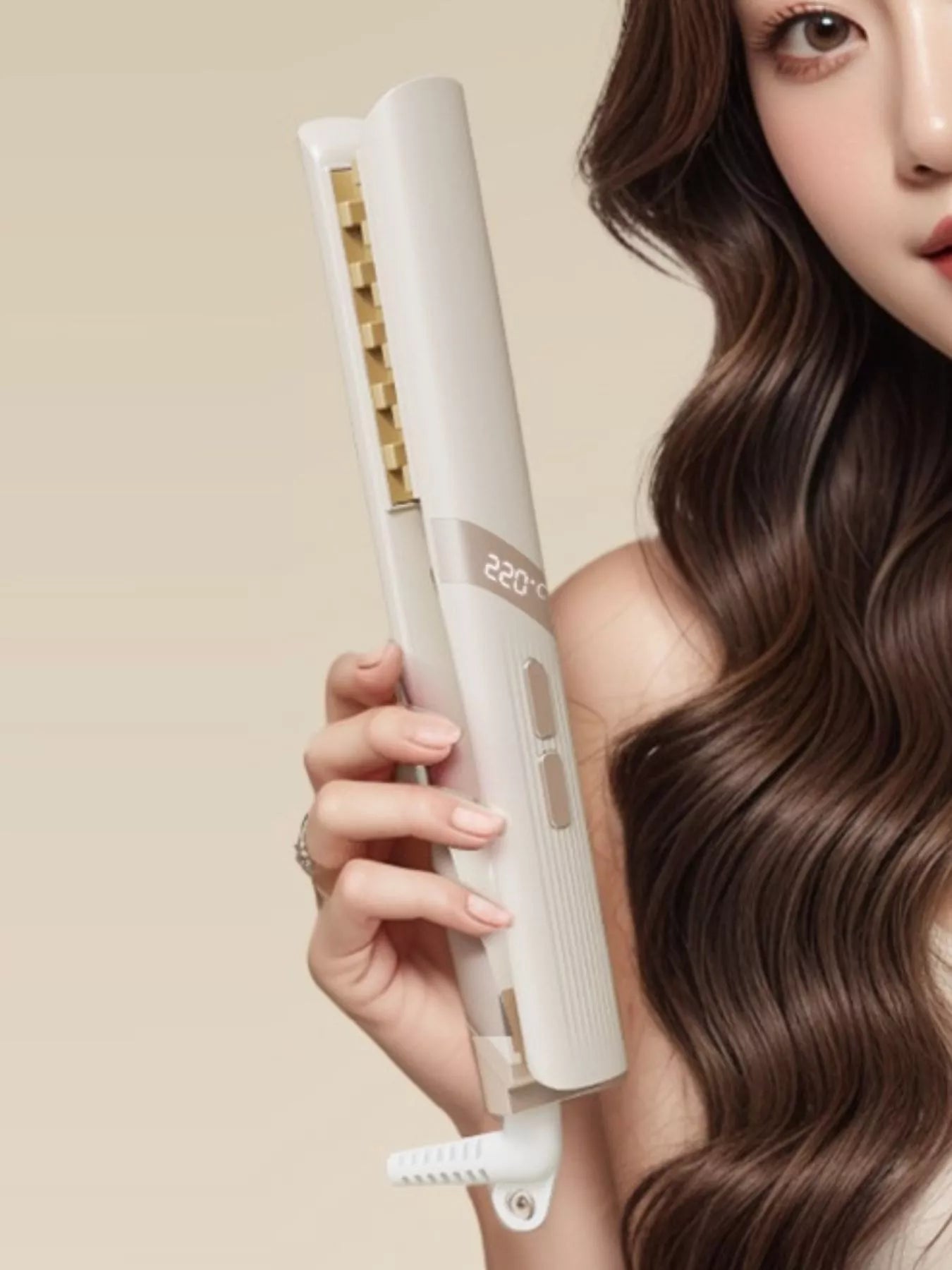 Beige Trendsi adjustable temperature curling iron with European plug, featuring a sleek design and heat control for versatile styling.