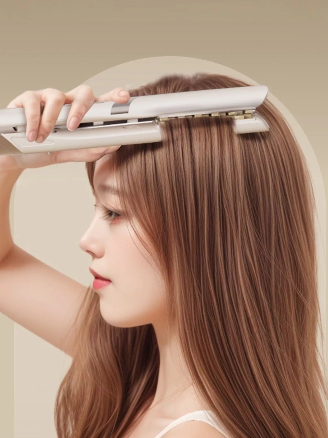 Beige adjustable temperature curling iron with European plug, Trendsi brand, suitable for creating stylish curls and waves.