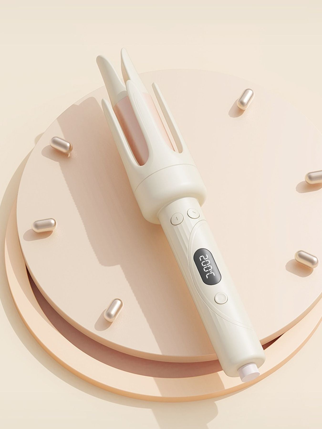 Beige automatic hair curling iron with European plug from Trendsi, showcasing its sleek design and curling barrel.