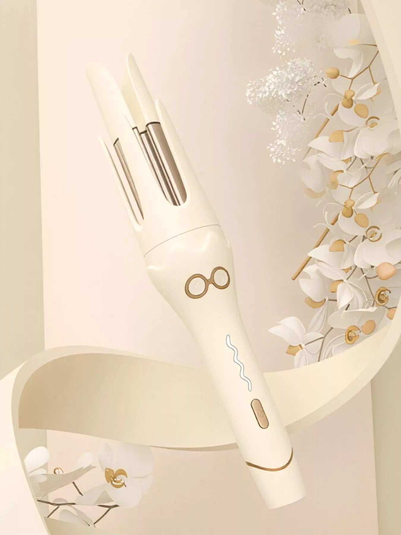 Beige automatic ceramic hair curling iron with European plug and rotating barrel, designed for creating stylish curls.