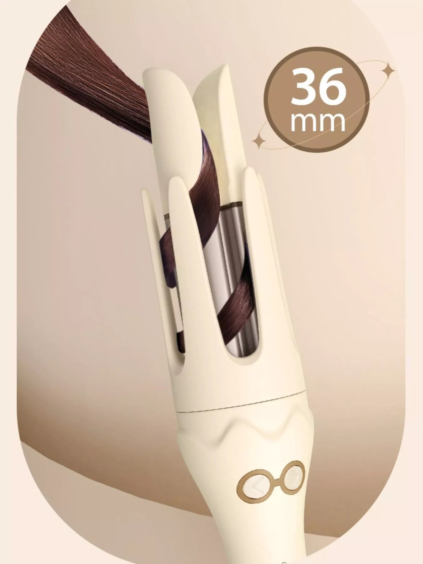 Beige automatic rotating ceramic hair curling iron with European plug, designed for smooth, effortless curls by Trendsi.