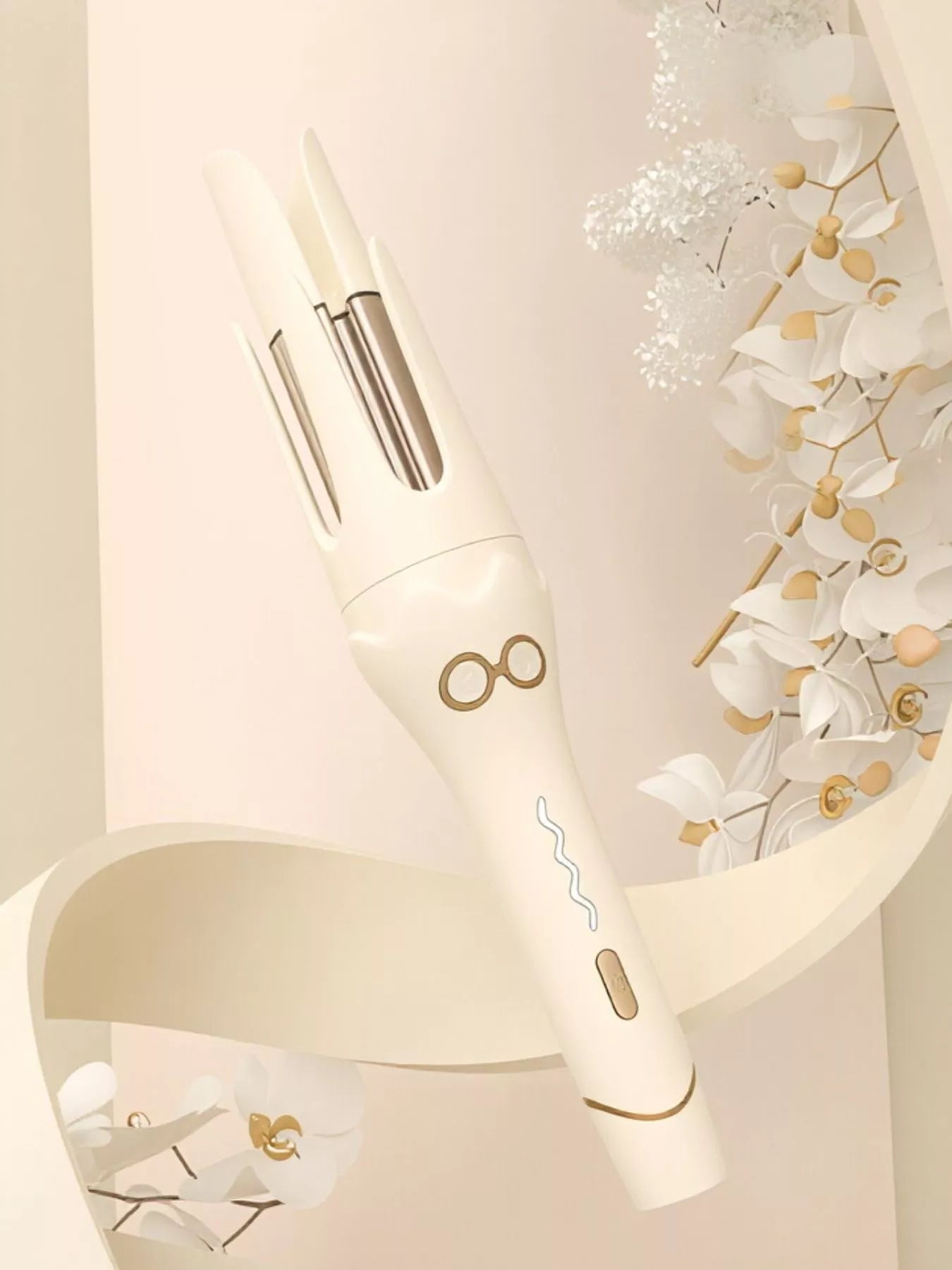 Beige automatic rotating curling iron by Trendsi with European plug for creating styled curls and waves.