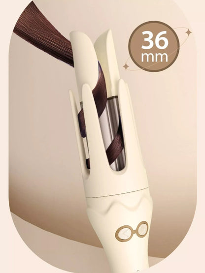 Beige automatic rotating curling iron with European plug from Trendsi, showcasing its sleek design and rotating barrel for easy curling.