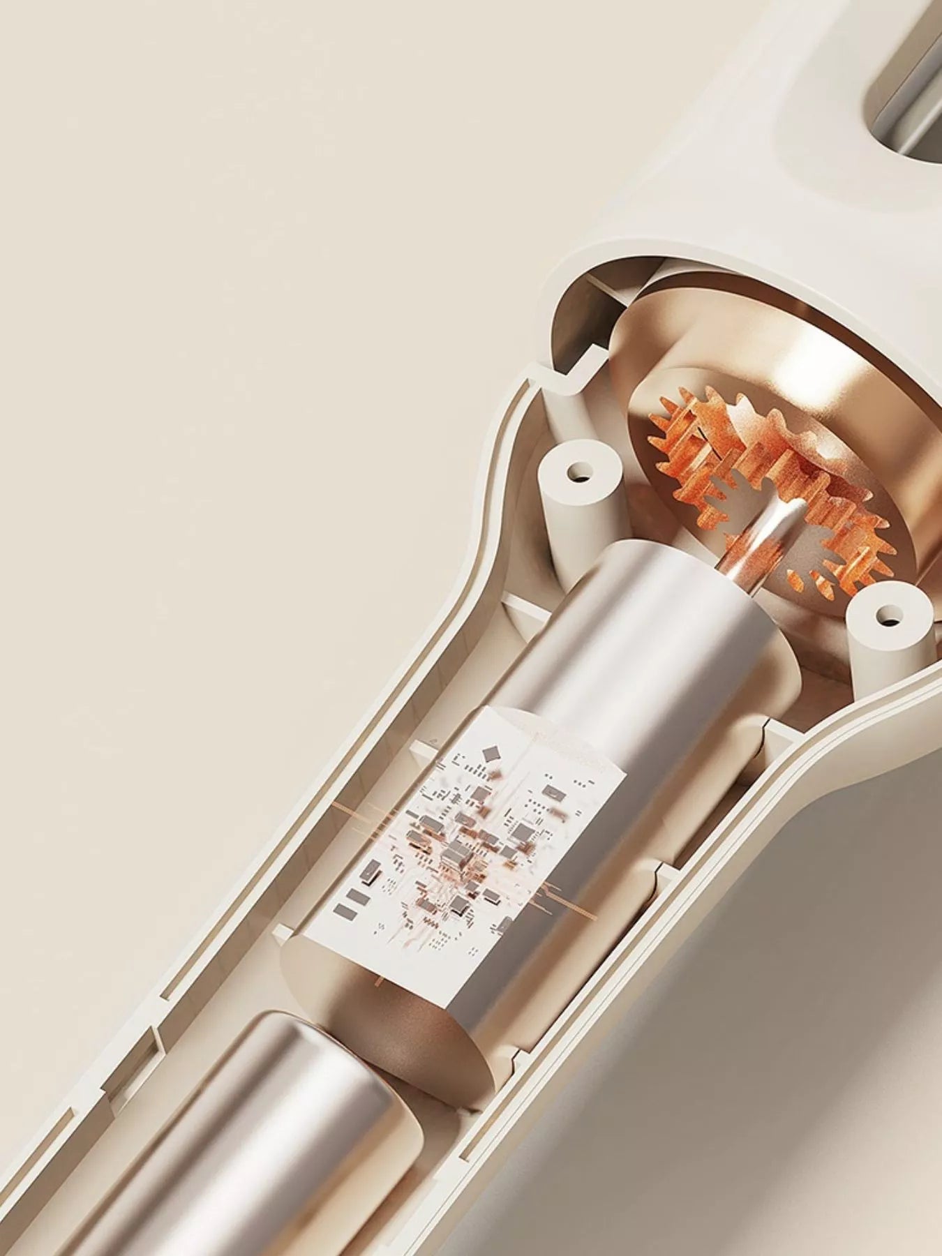 Beige automatic rotating curling iron with European plug from Trendsi, showcasing its sleek design and rotating barrel for easy styling.