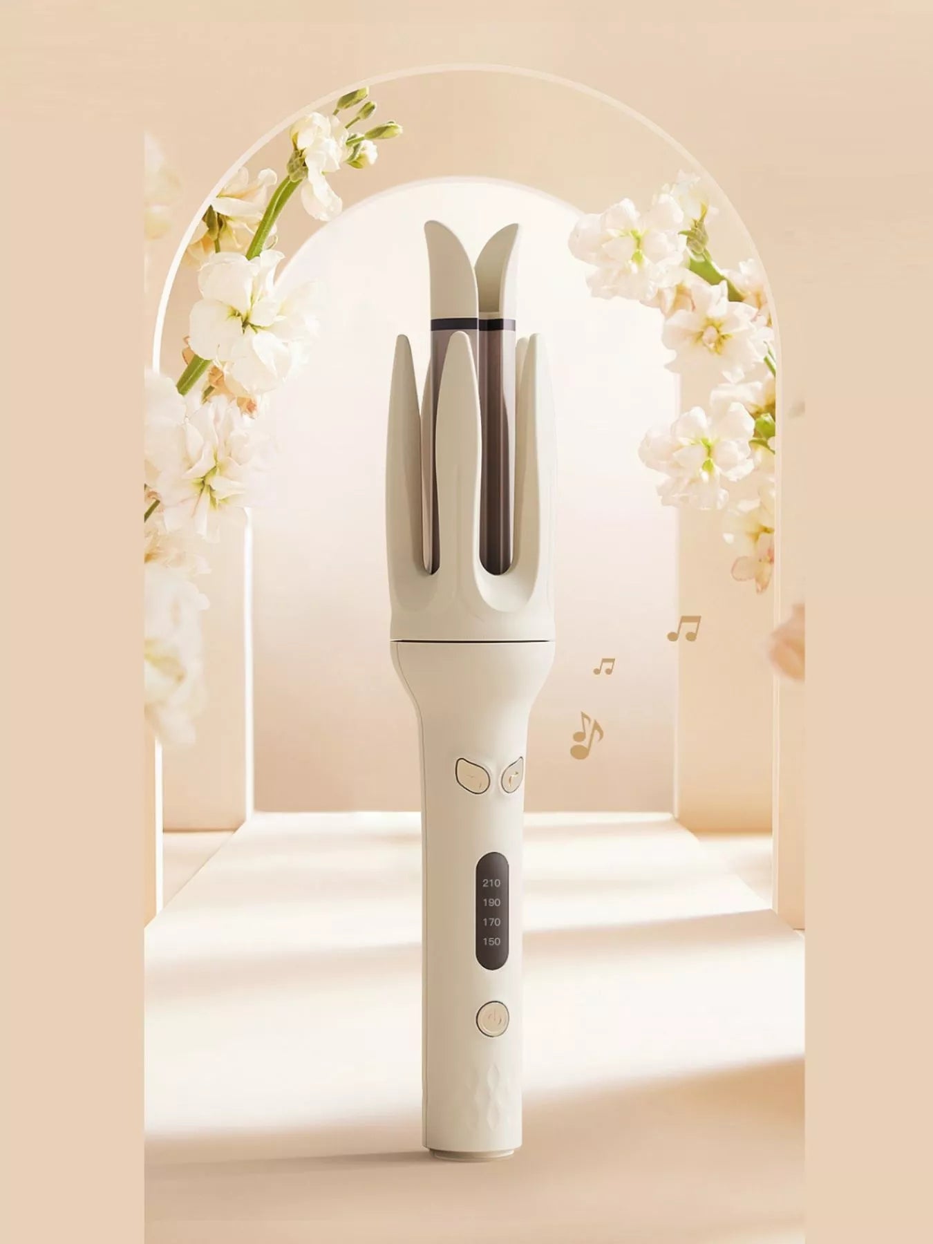 Beige automatic rotating hair curling iron by Trendsi with European plug, showcasing its sleek design and rotating barrel.