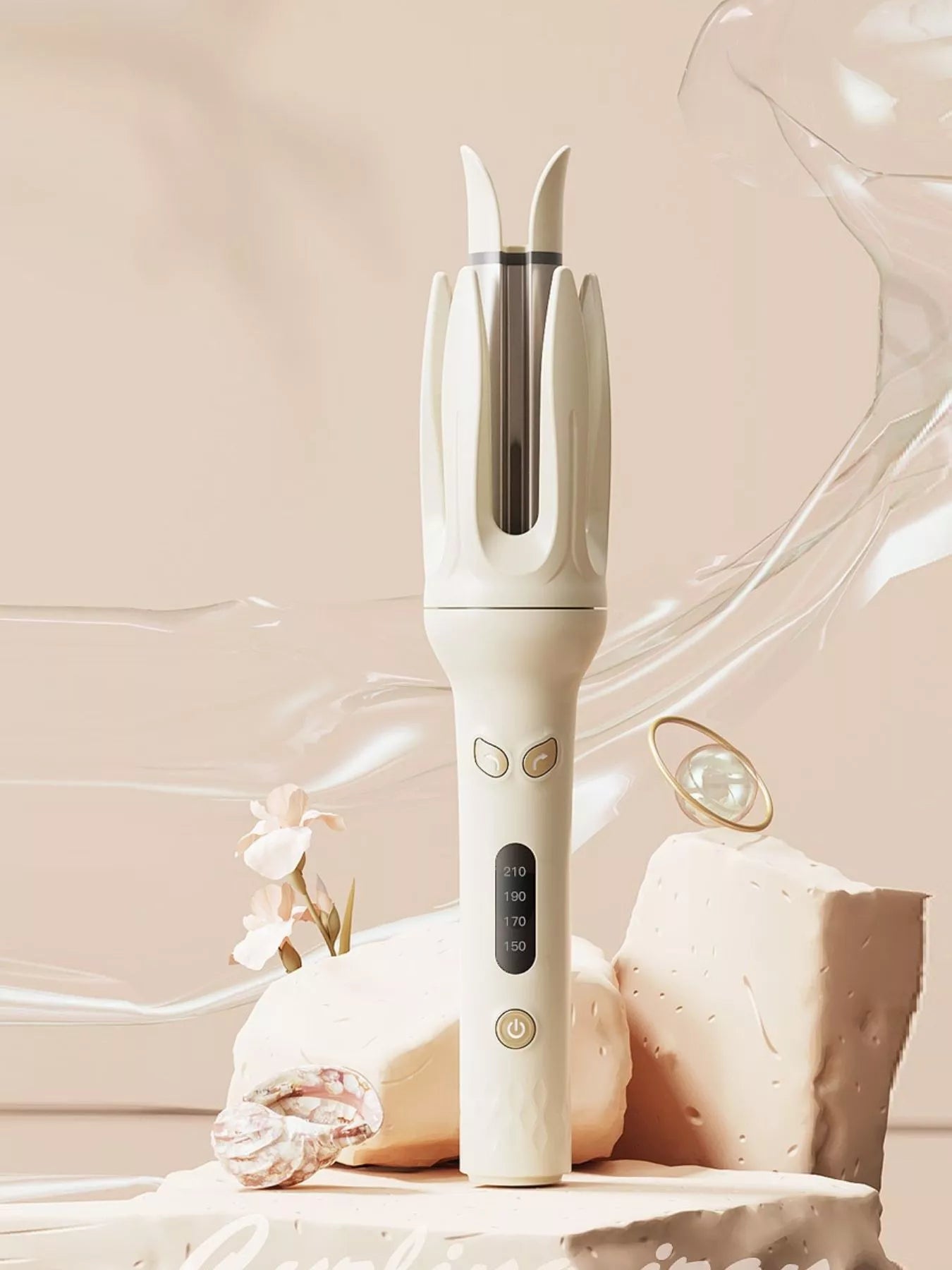 Beige automatic rotating hair curling iron with European plug from Trendsi, designed to create curls effortlessly.