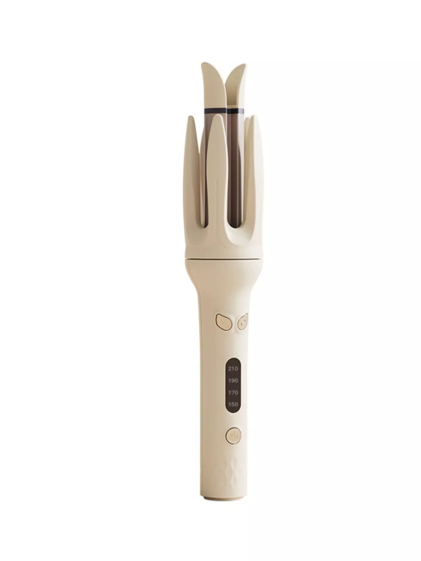 Beige automatic rotating hair curling iron with European plug, designed for creating smooth, curls and waves.