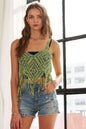 Beige and green crochet tank top with fringe hem, one size, by Trendsi, featuring intricate crochet patterns and stylish design.