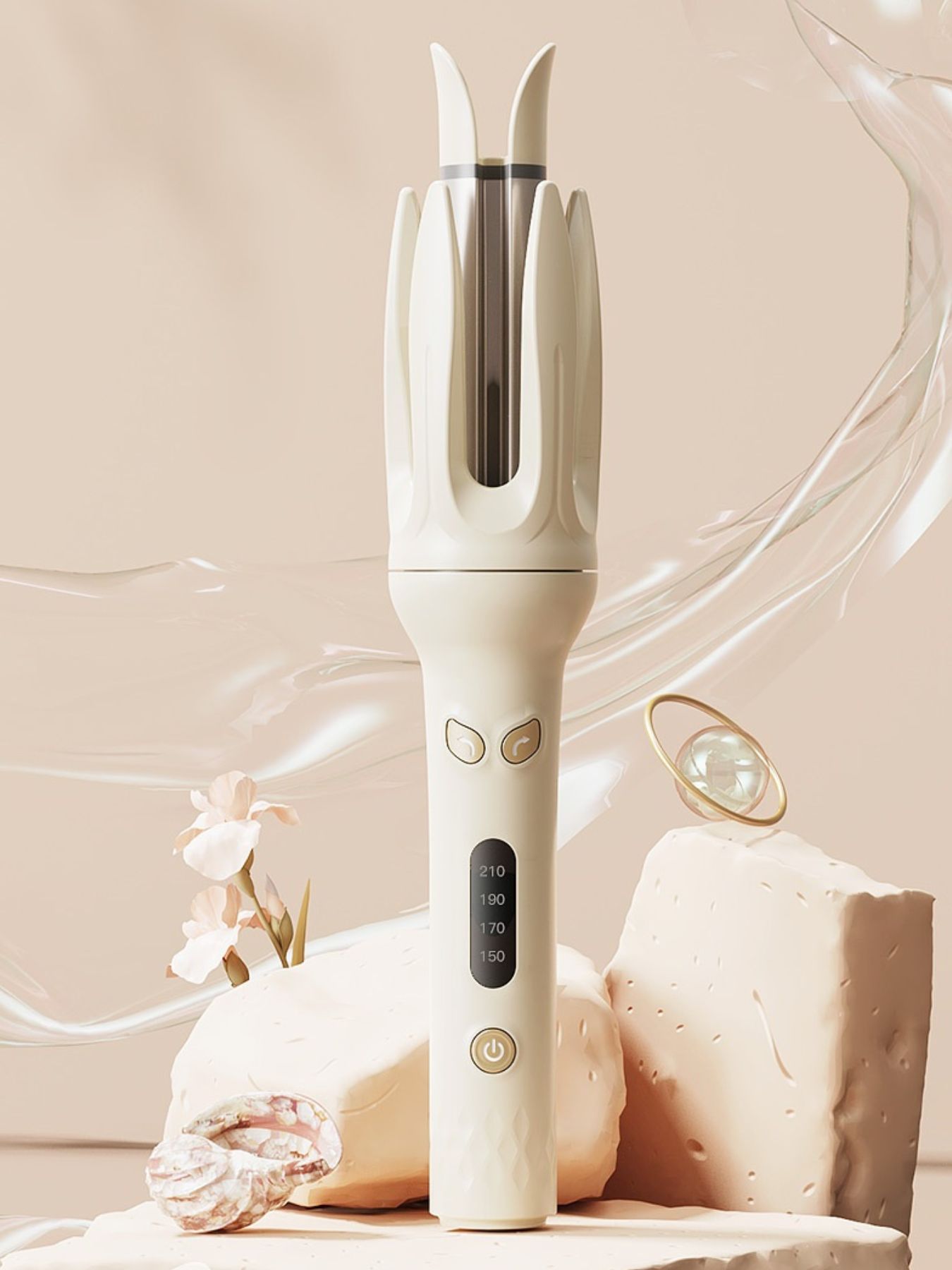 Beige automatic hair curling iron with North American plug from Trendsi, showcasing its sleek design and curling features.
