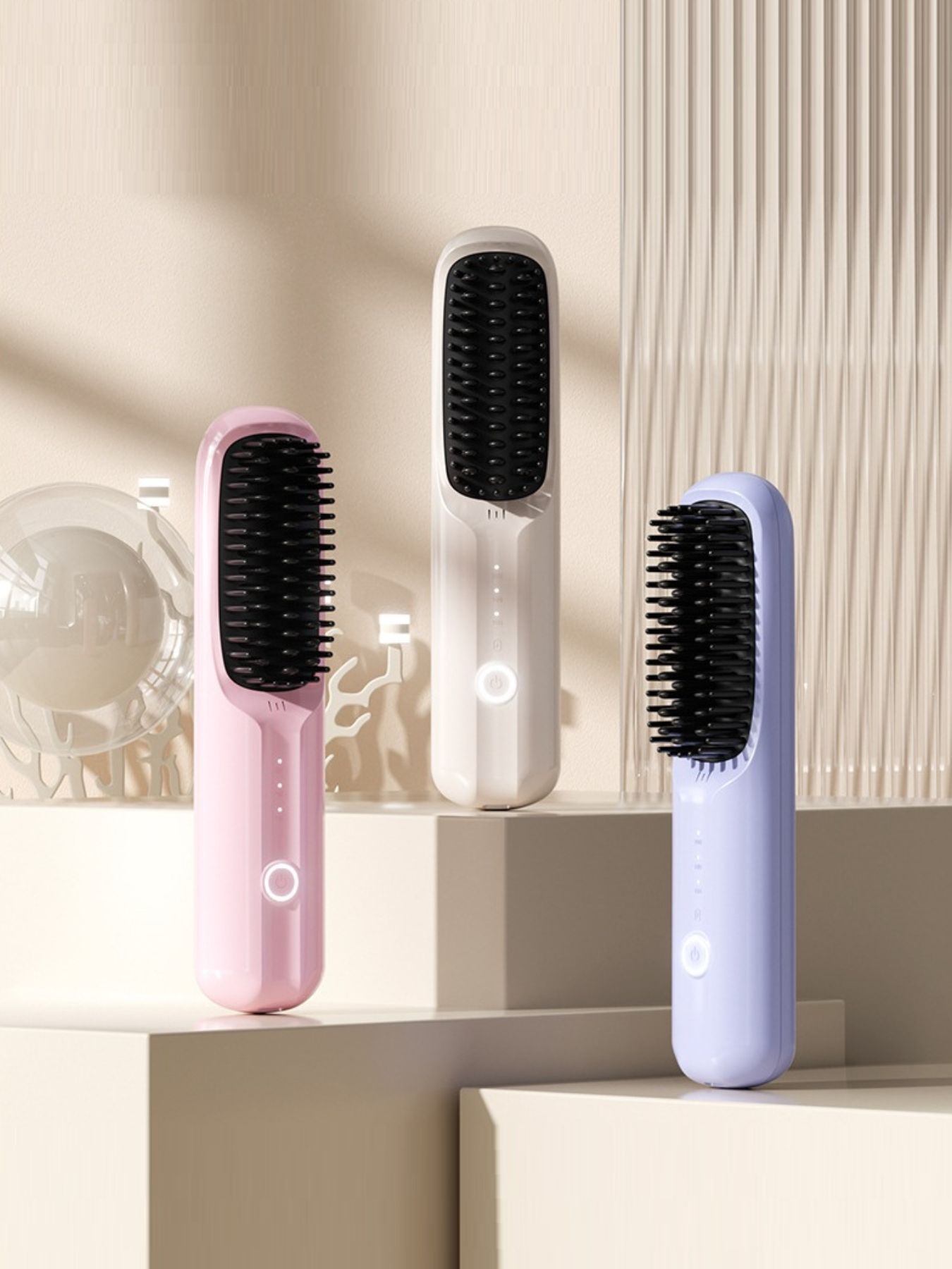 Beige portable heated straightening comb by Trendsi with ergonomic handle and sleek design for easy hair styling.