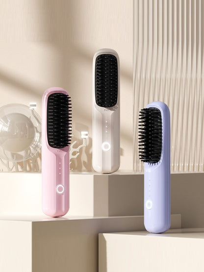 Beige portable heated straightening comb by Trendsi with ergonomic handle and sleek design for easy hair styling.