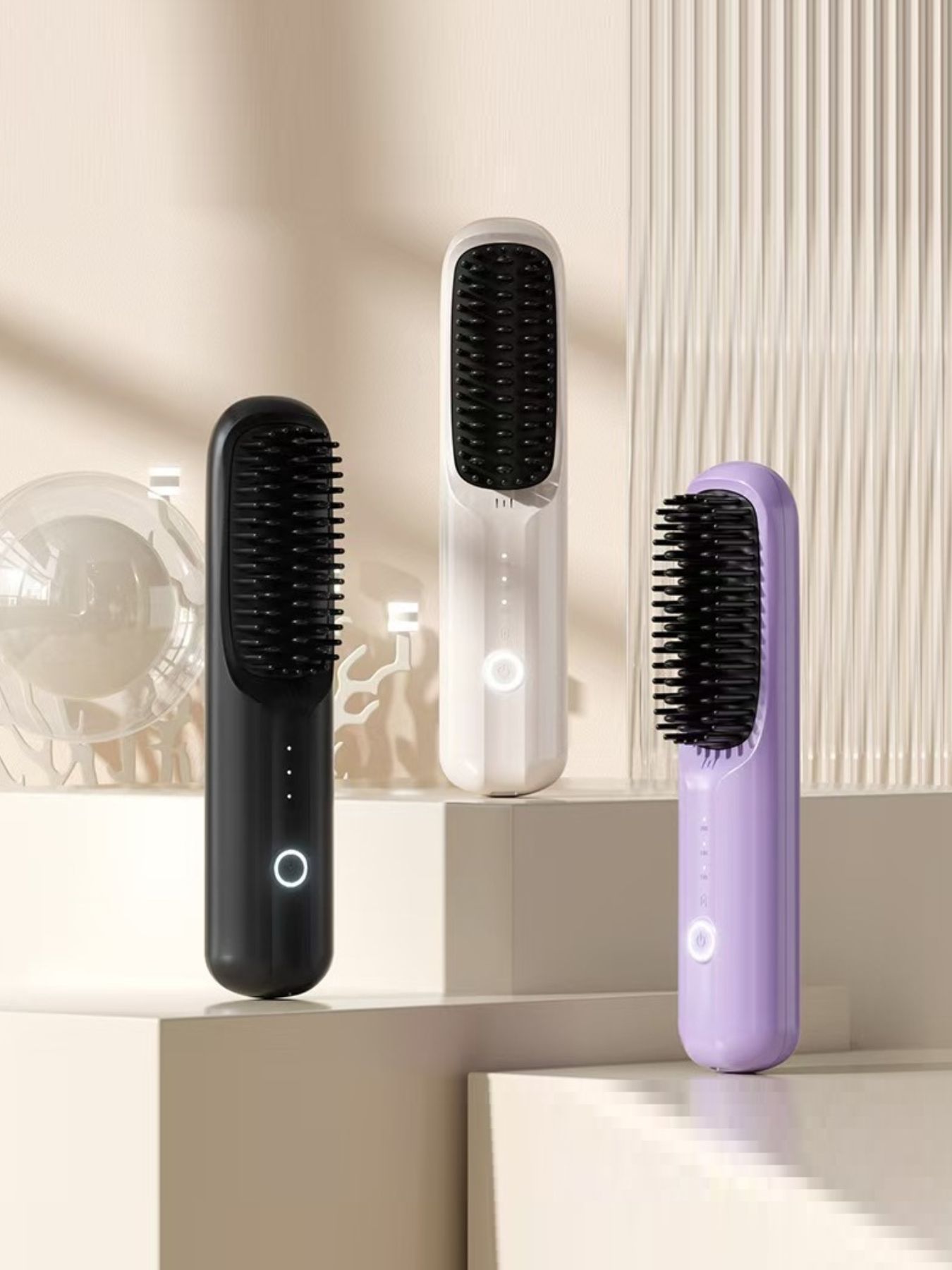 Beige portable heated straightening comb by Trendsi, compact design for easy hair styling and straightening.