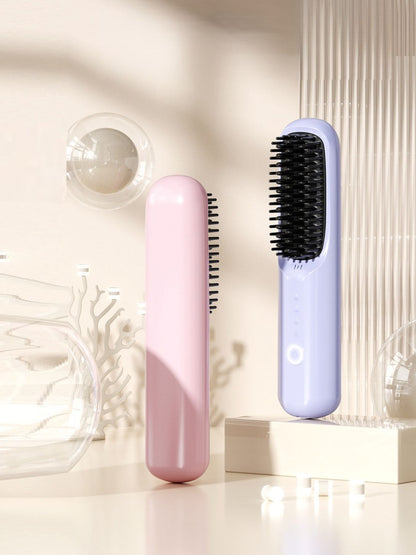 Beige portable heated straightening comb by Trendsi with a sleek design for easy hair styling.