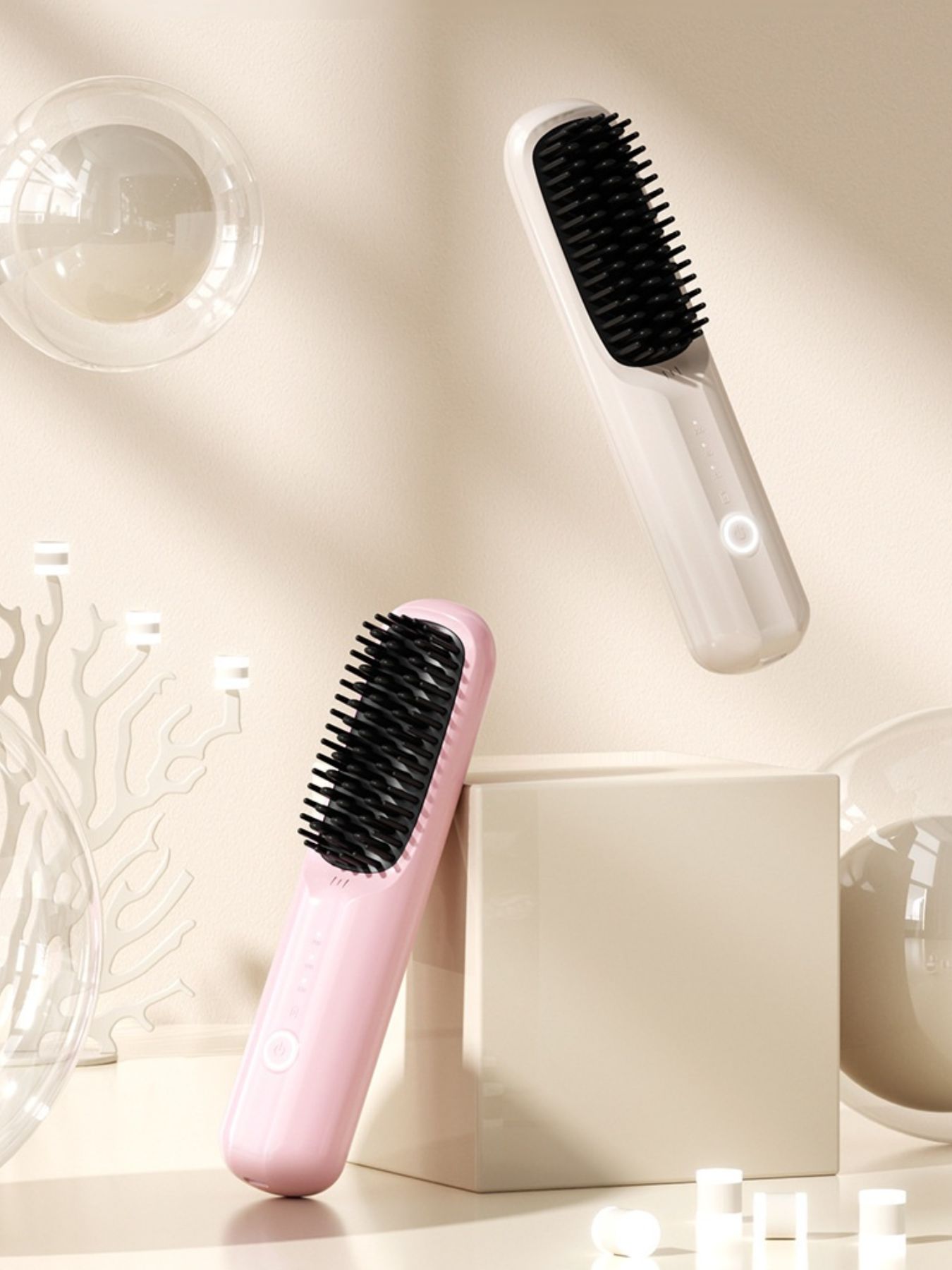 Beige portable heated straightening comb by Trendsi, with a sleek design for easy hair styling and straightening.
