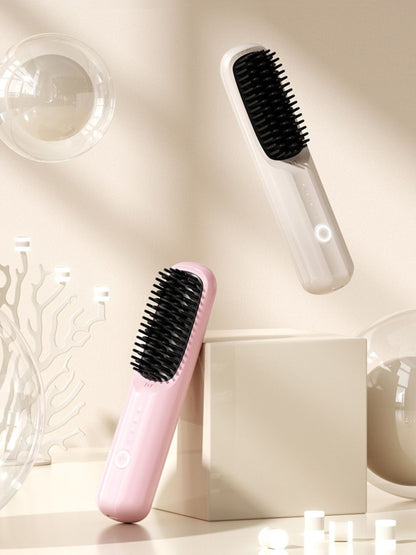 Beige portable heated straightening comb by Trendsi, with a sleek design for easy hair styling and straightening.