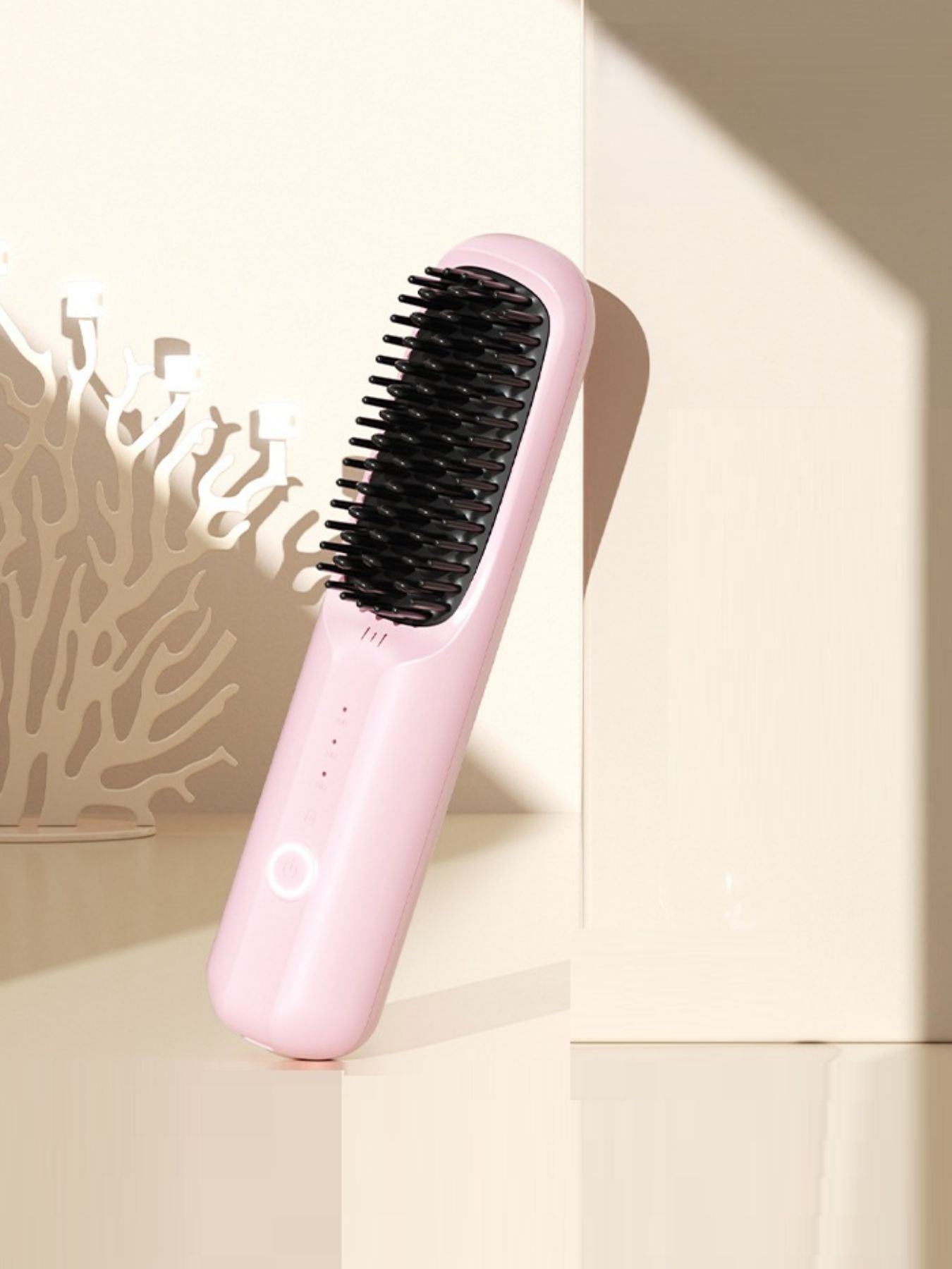 Beige portable heated straightening comb by Trendsi with a sleek design and handle, ideal for quick hair styling.