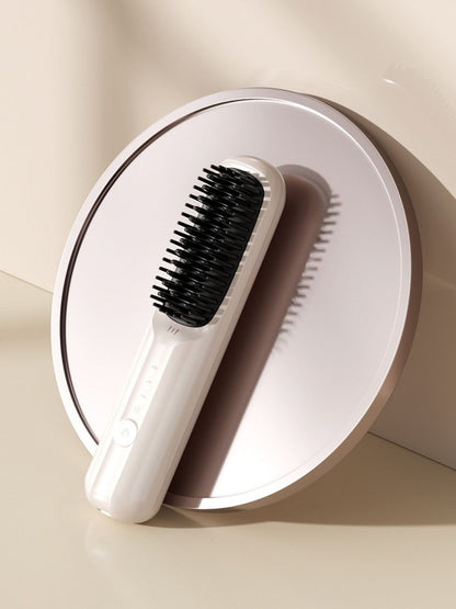 Beige portable heated straightening comb by Trendsi, compact design with adjustable heat settings for sleek, straight hair.