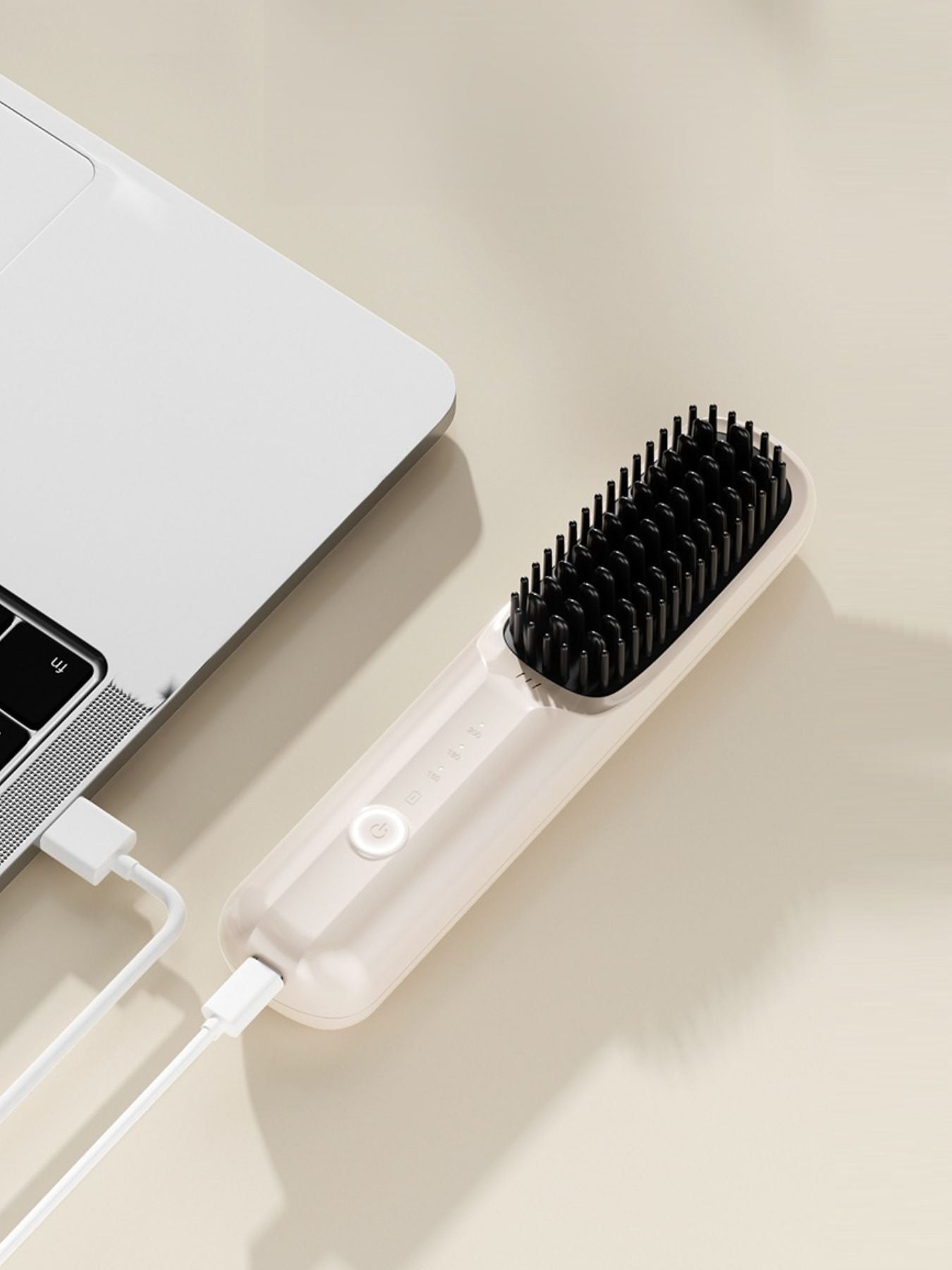 Beige portable heated straightening comb by Trendsi, compact design for easy styling and hair straightening.