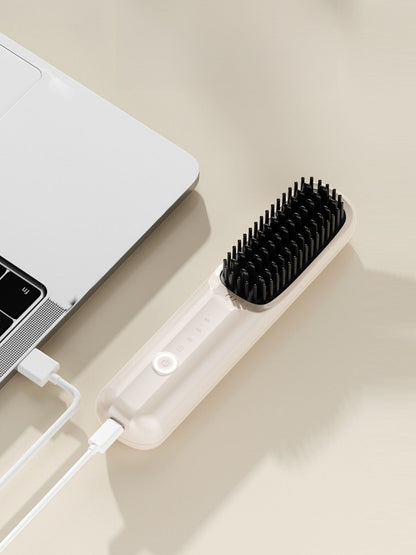 Beige portable heated straightening comb by Trendsi, compact design for easy styling and hair straightening.