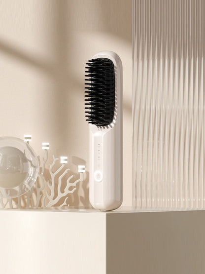 Beige portable heated straightening comb by Trendsi, compact styling tool with adjustable heat for sleek, straight hair.