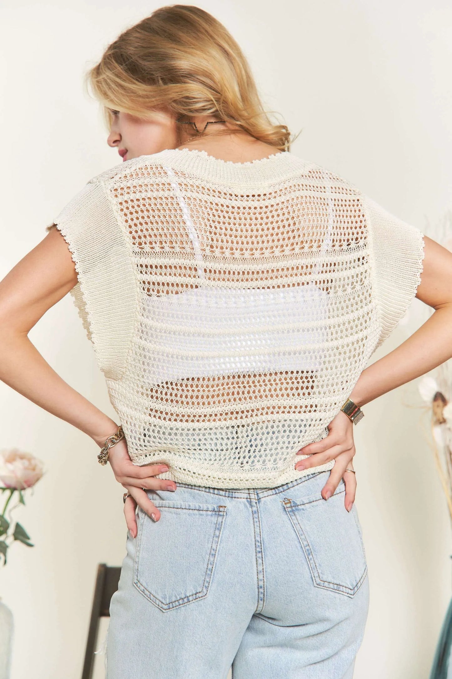 Beige ADORA crochet top by Trendsi with drawstring detail, featuring a stylish, lightweight crochet design and relaxed fit.