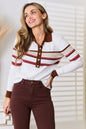 Beige striped rib-knit collared neck top by Trendsi, featuring a fitted design and classic style for casual wear.