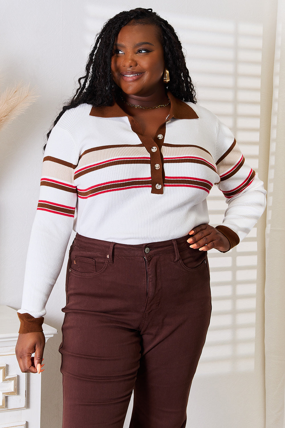 Beige striped rib-knit top with collared neck from Trendsi's Basic Bae collection, featuring a fitted, casual style.